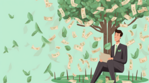 Een man in pak, kijkend naar zijn geldboom